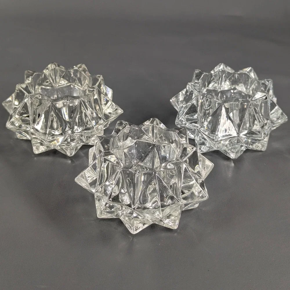 Vintage Clear Pressed Glass Starburst Faceted Votive Candle Holders Set of 3